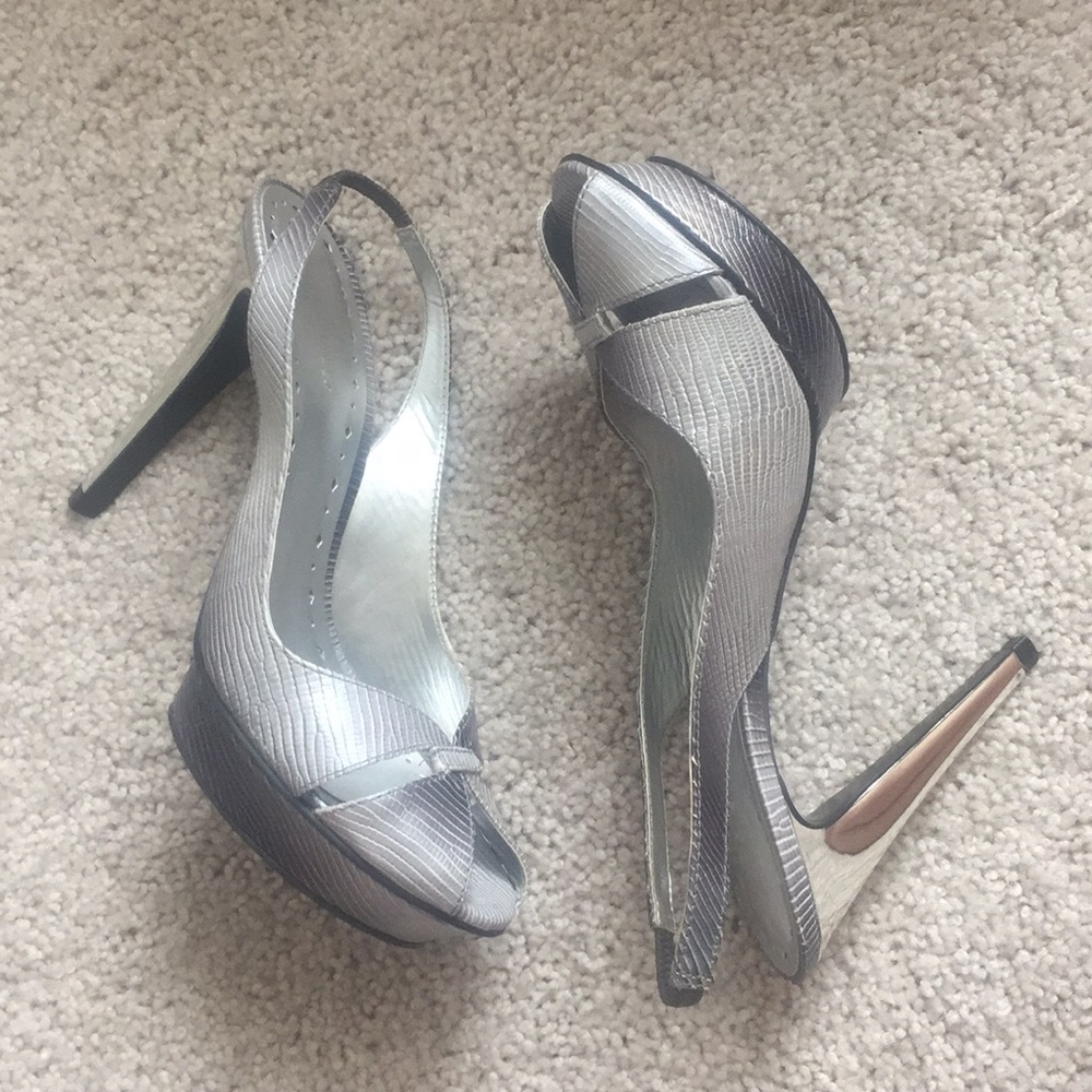 BCBGirls silver lizard platform heels in 7.5